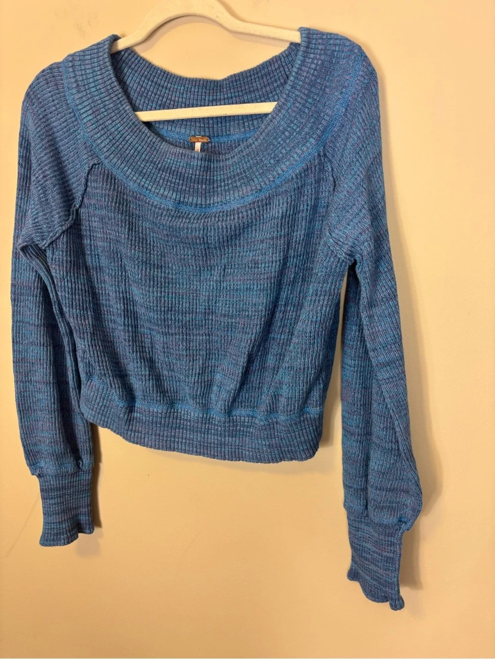 Free People Blue and Purple Cropped Boatneck Knit Sweater XL